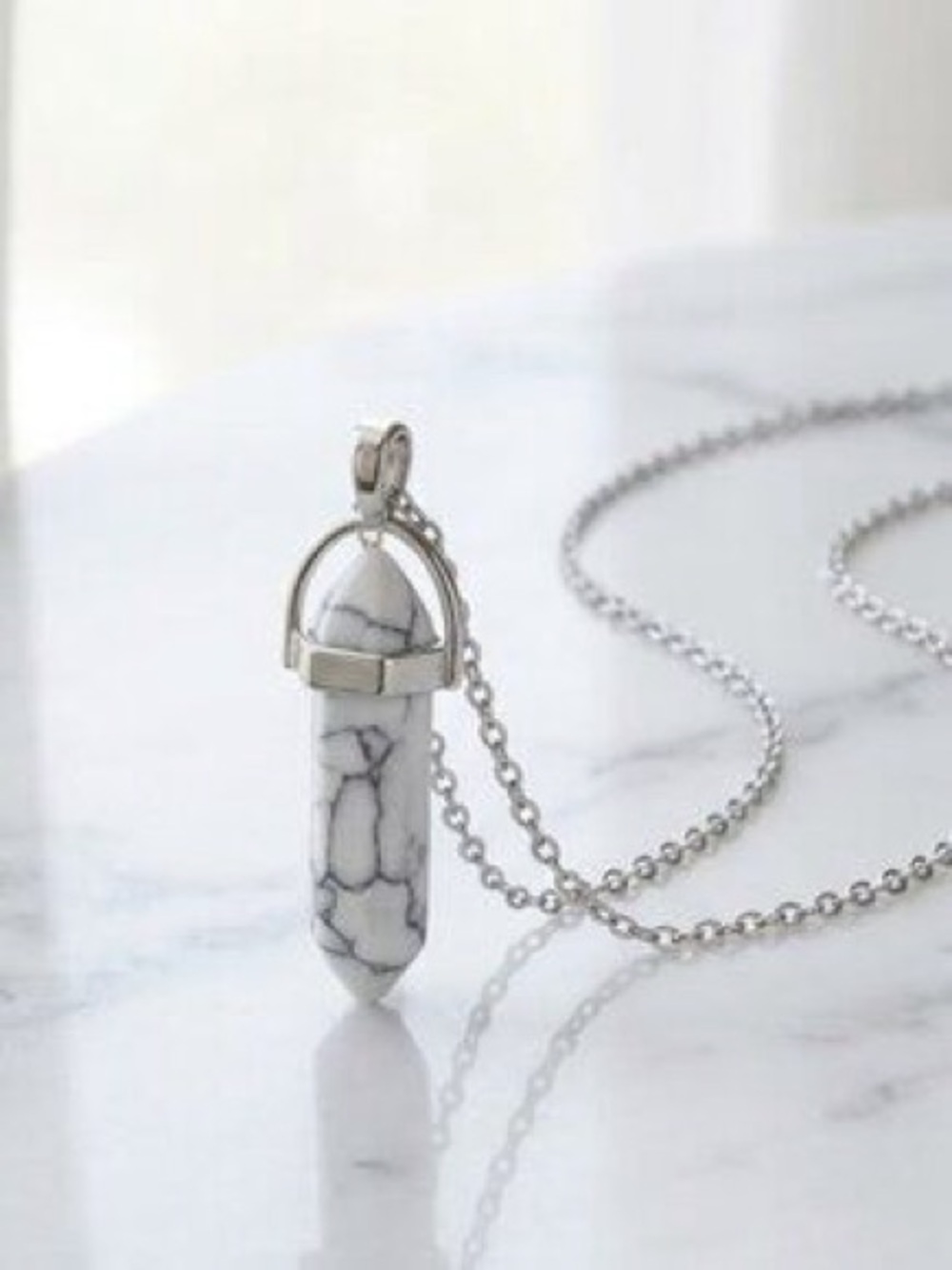Silver Hexagonal Howlite Necklace- Handmade Necklace- Real Stone- Magick Stone-